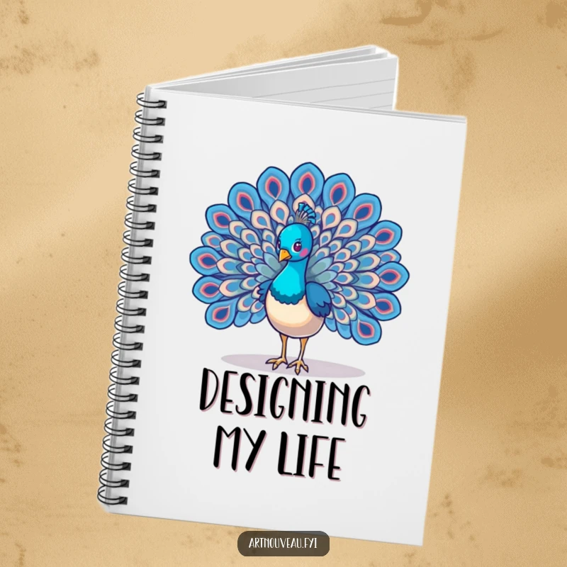 Funny Peacock Wings Notebook adorned with a majestic bird's intricate, swirling feather art, providing a beautiful and humorous space for notes and creativity.