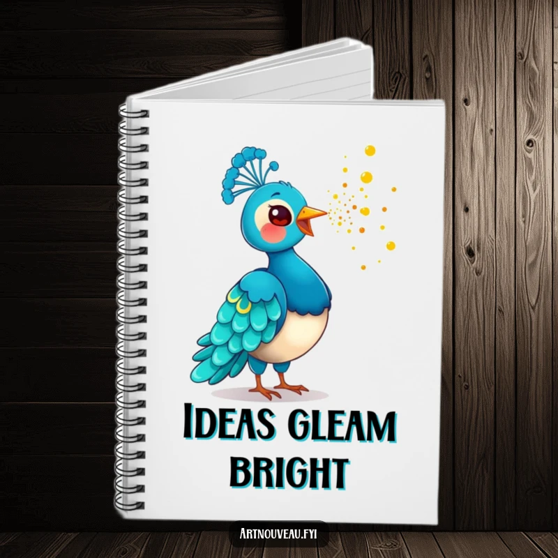 Funny Golden Dust Peacock Notebook adorned with a playful bird scattering golden dust, perfect for notes and creative endeavors with a magical, humorous touch.