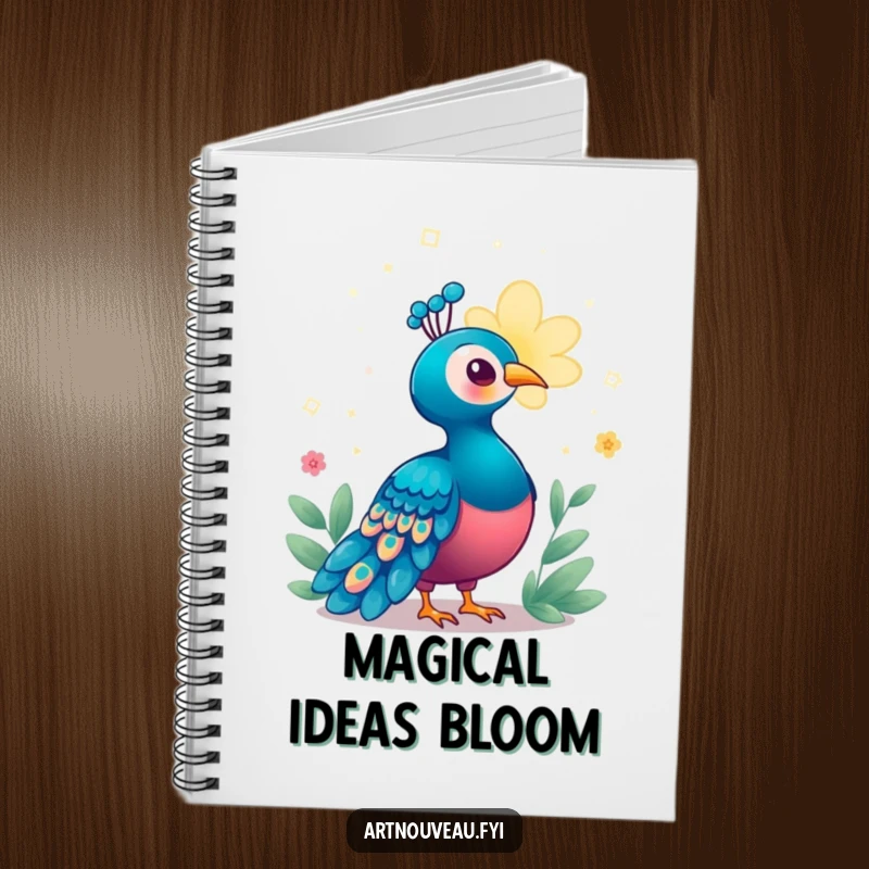 Funny Enchanted Peacock Notebook adorned with a bird enchanted by a magical, glowing bloom, perfect for notes and creative endeavors with whimsical humor.