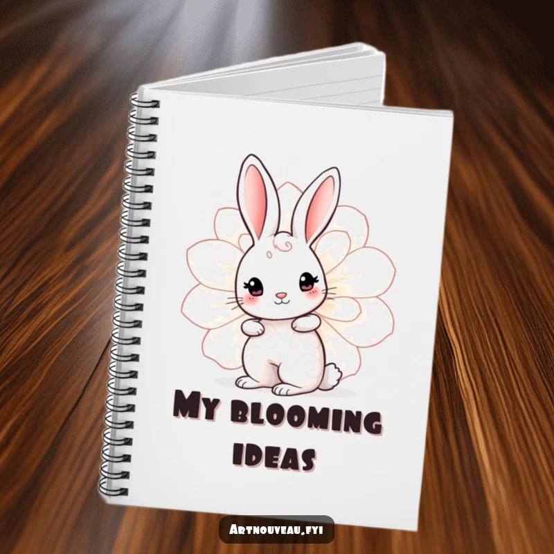 Funny Rabbit Bloom Notebook with a cute rabbit, swirling body patterns, peeking from behind a decorative bloom, great for journaling.