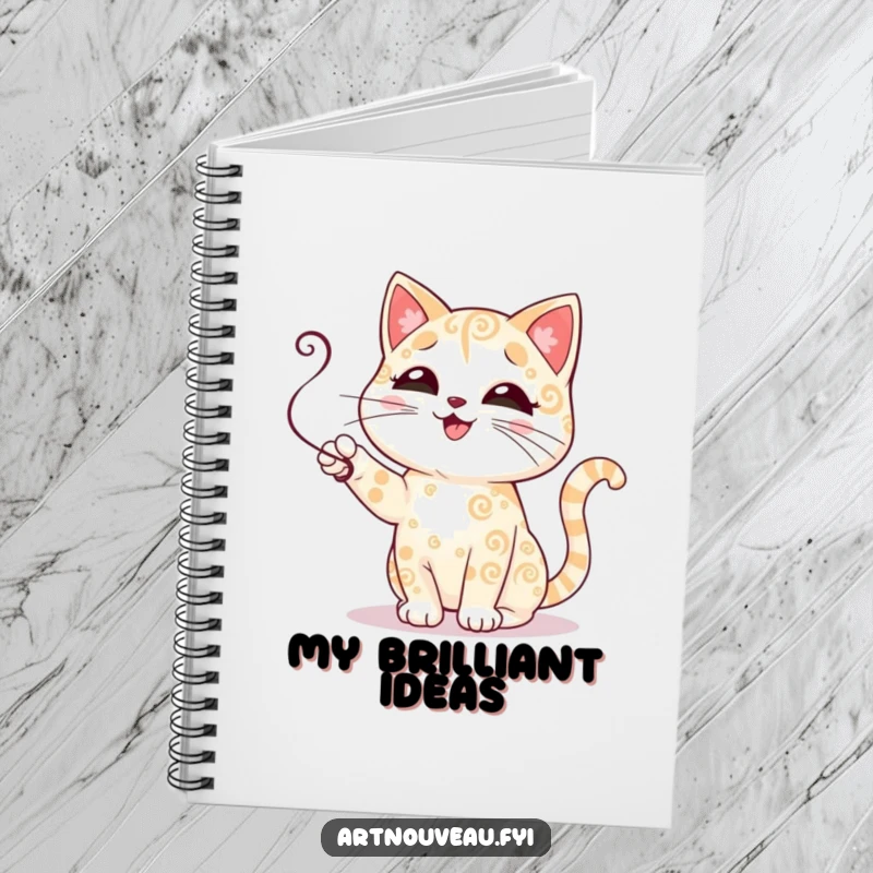 Funny cat notebook with a cover showing a cute cat with decorative swirling fur patterns playfully batting at a tendril, ready for notes.