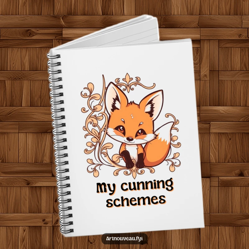 Funny notebook with a curious fox peeking from behind ornate, flowing lines, great for journaling.