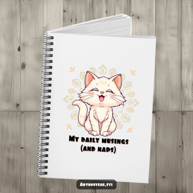 Funny Notebook: Delighted cat with flowing fur against a decorative art nouveau pattern, a beautiful journal for creative ideas.