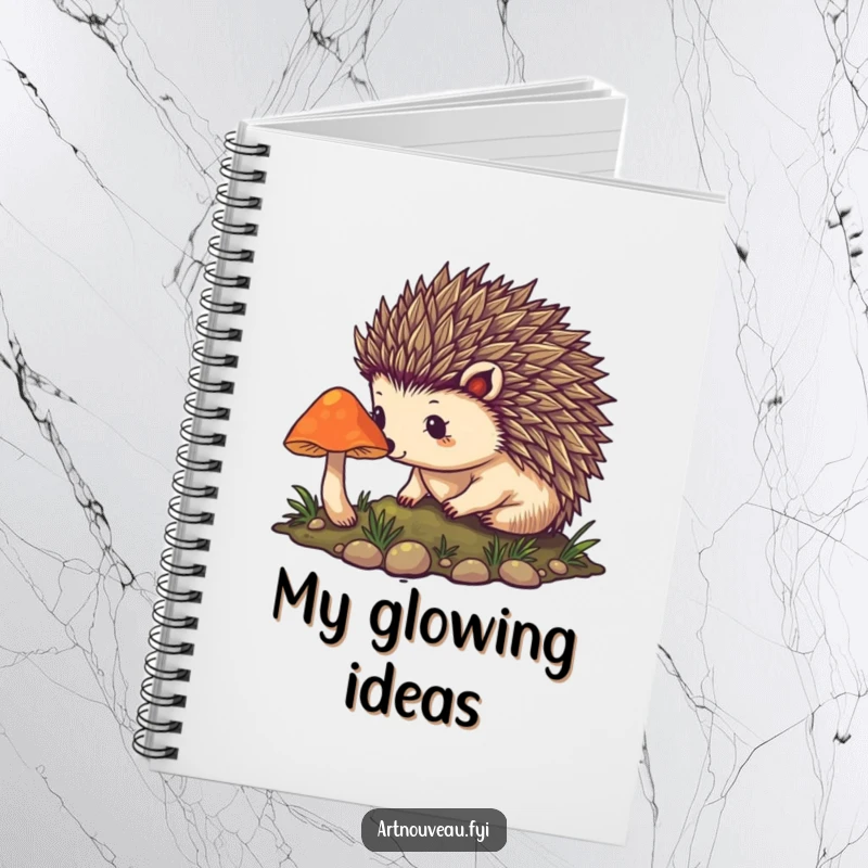 Funny hedgehog notebook with art nouveau spines and a glowing mushroom on the cover, perfect for jotting down magical thoughts and ideas.