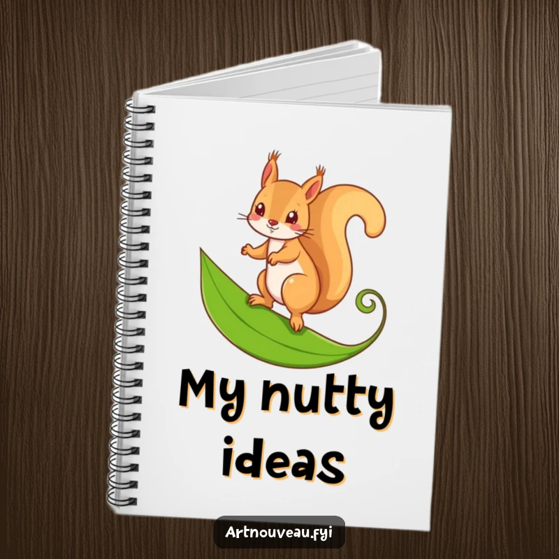 Funny notebook with a mischievous squirrel balancing on a stylized, curling leaf, great for journaling.