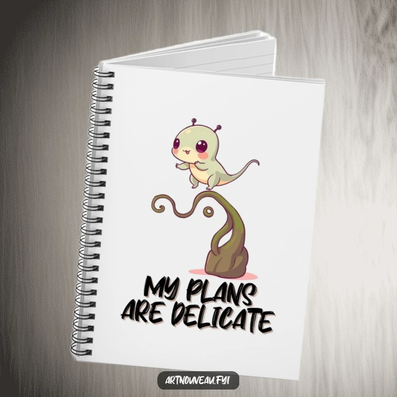 Funny notebook featuring a creature balancing precariously on a winding plant-like stem, ideal for notes, sketches, and creative writing.