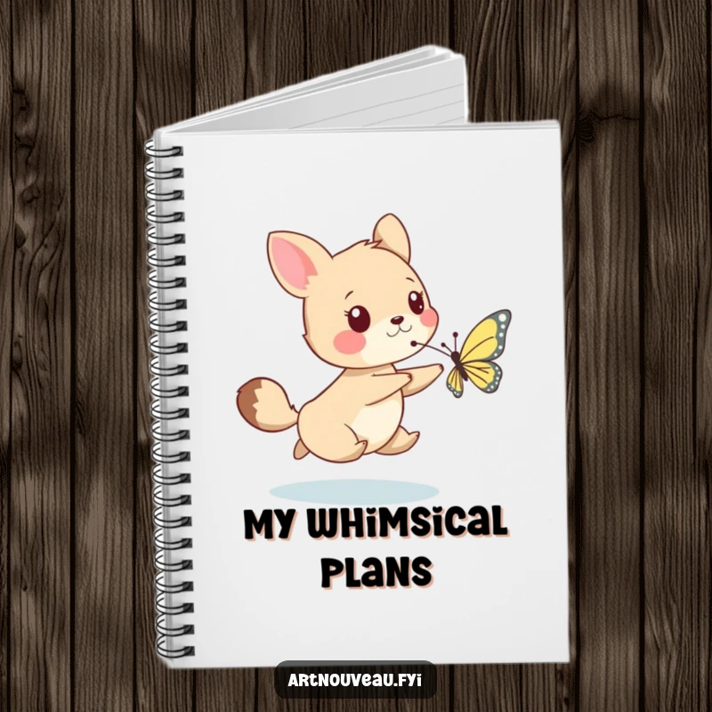 Funny notebook featuring a whimsical animal playfully chasing a delicate butterfly, ideal for notes, sketches, and imaginative journaling.