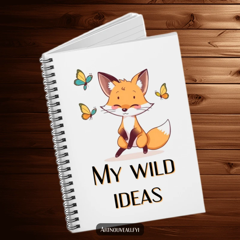 Funny fox notebook with a whimsical fox and butterfly in elegant lines, perfect for journaling and sketching.