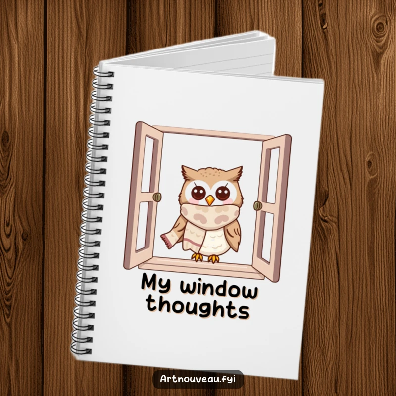 Funny owl notebook with a cute owl wearing a scarf peeking from a window, perfect for writing and notes.