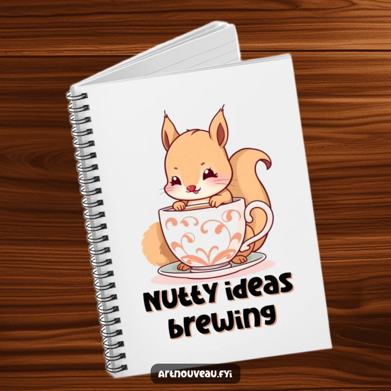 Funny notebook with a happy squirrel daintily sipping from a decorative, spiraling cup, perfect for journaling and note-taking.