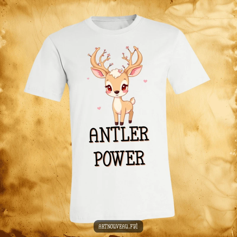 Funny deer t-shirt, playful animal with blossom-adorned antlers, elegant forest style, graphic tee, great funny gift for hikers.