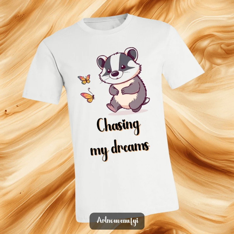 Funny t-shirt with intricate linework badger playfully chasing a stylized butterfly, highlighting dynamic movement and artistic expression.