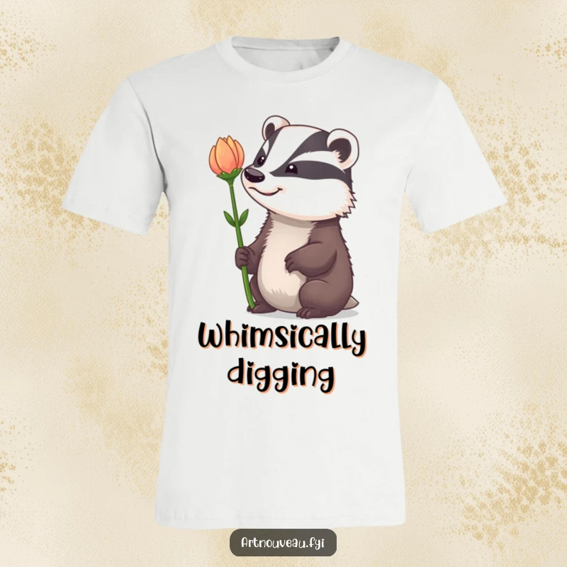 Funny T-Shirt: A badger with a whimsical grin admiring a dramatically curved flower stem, embodying playful appreciation.