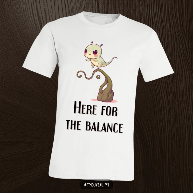 Funny t-shirt depicting a creature wobbling precariously on a winding plant stem, representing the humorous challenges of maintaining balance.