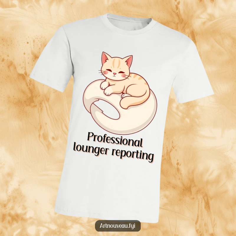 Funny t-shirt with a graceful cat elegantly lounging on a swirling organic form, showcasing relaxed elegance.