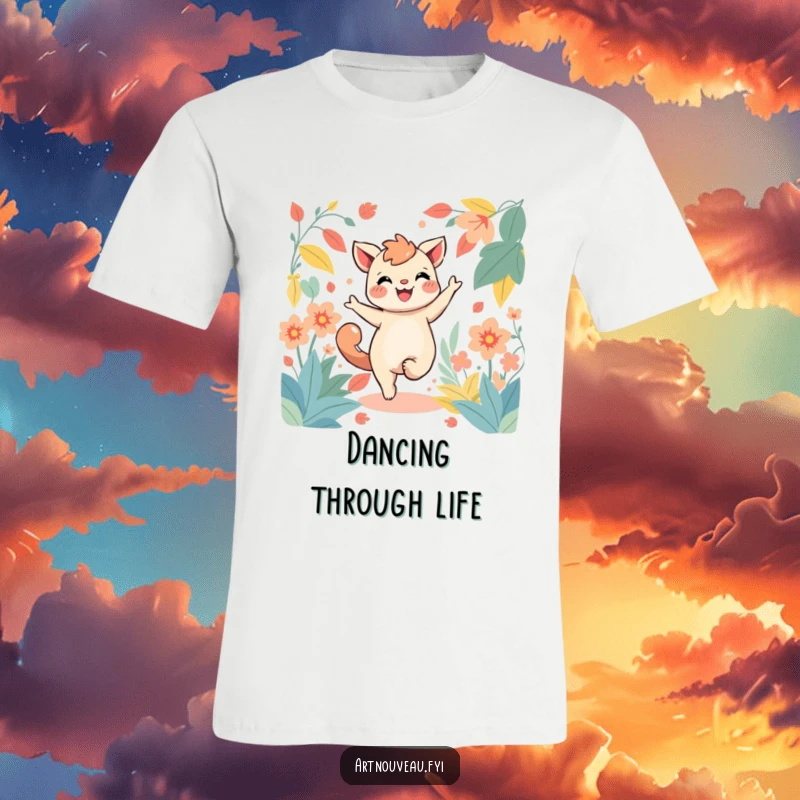 Funny t-shirt with a joyful creature dancing amidst stylized, flowing foliage, capturing a moment of pure, uninhibited fun.
