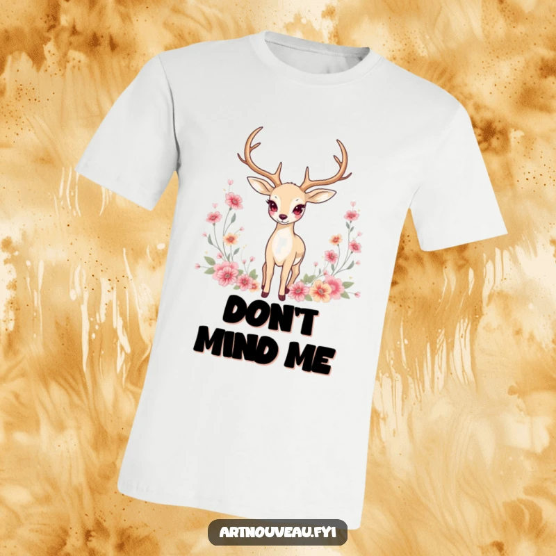 Funny T-Shirt: Graceful deer with elongated antlers standing amidst floral motifs, showcasing beautiful art nouveau nature art.