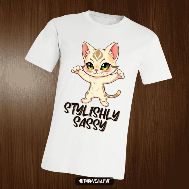 Funny Feline T-Shirt: A cat with Art Nouveau markings strikes a dynamic pose, exuding artistic flair and playful humor.