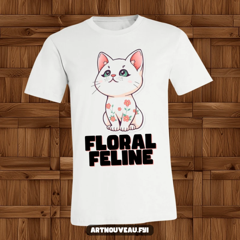 Funny cat t-shirt, stylized cat with floral fur, gazing upwards, artful fashion, great funny gift for women.