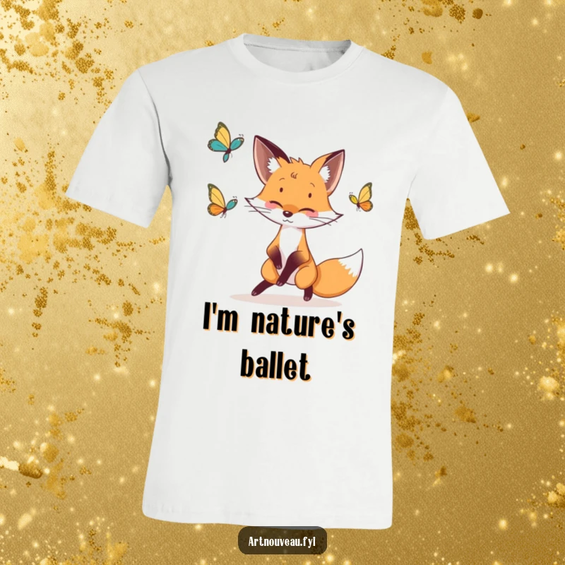 Funny fox t-shirt showcasing a whimsical fox with elegant lines playfully chasing a butterfly, celebrating movement.