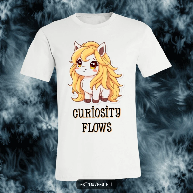 Funny t-shirt featuring an animal with a luxurious, flowing mane like liquid gold, looking up inquisitively, symbolizing wonder and beauty.