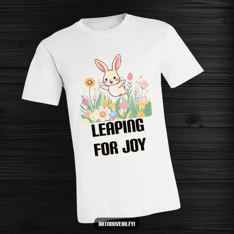 Funny t-shirt showing a smiling hare leaping through a field of beautifully patterned plants, conveying joy and vibrant energy.