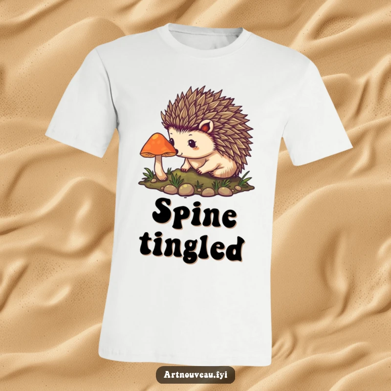 Funny hedgehog t-shirt featuring intricate art nouveau spines and the scene of approaching a glowing mushroom, ideal for fantasy enthusiasts.
