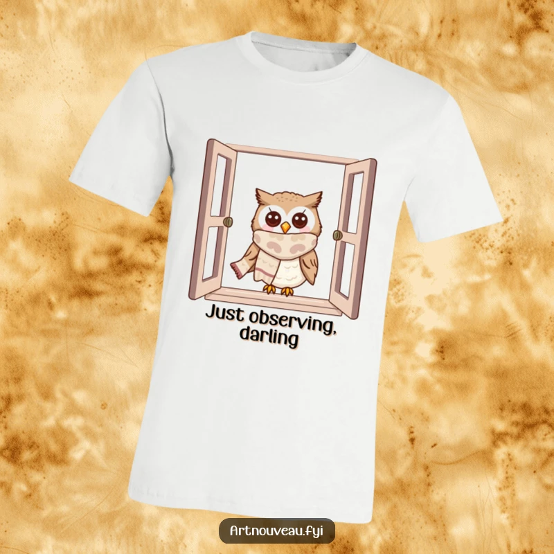 Funny owl t-shirt with a cute owl in a patterned scarf peeking from a window, exuding curiosity and charm.