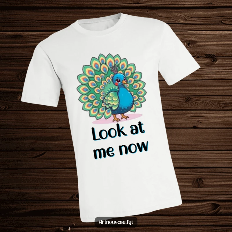 Funny t-shirt featuring a peacock fanning its tail with elaborate, intricate feather patterns, symbolizing pride and beauty.