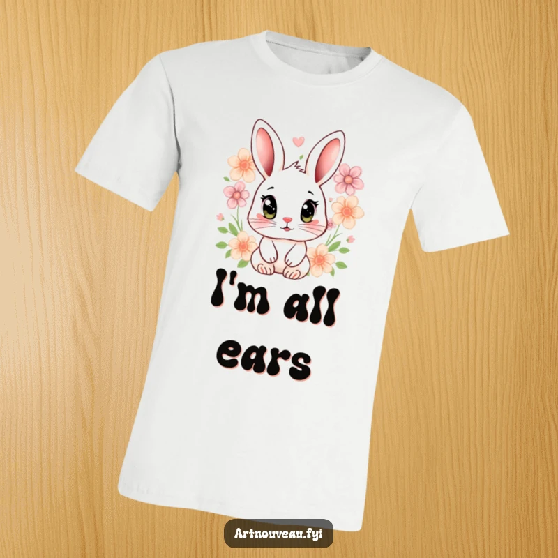 Funny rabbit t-shirt with a stylized rabbit, large expressive eyes, surrounded by floral patterns, full of charm.
