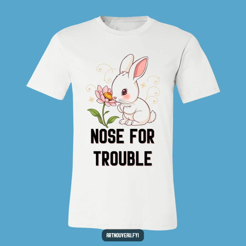 Funny Rabbit T-Shirt: Curious Art Nouveau Design, Floral Inspecting Tee, Gift