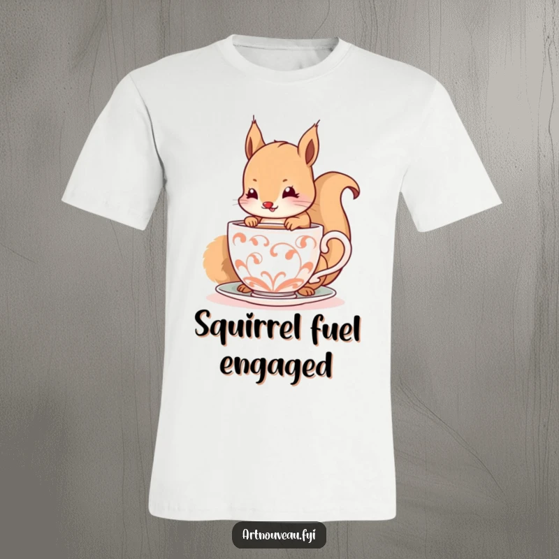 Funny t-shirt featuring a happy squirrel daintily sipping from a decorative, spiraling cup, showcasing delightful and whimsical moments.