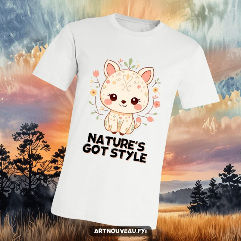 Funny t-shirt featuring a sweet animal character with a gentle smile, adorned with detailed nature-inspired patterns, exuding whimsical charm.