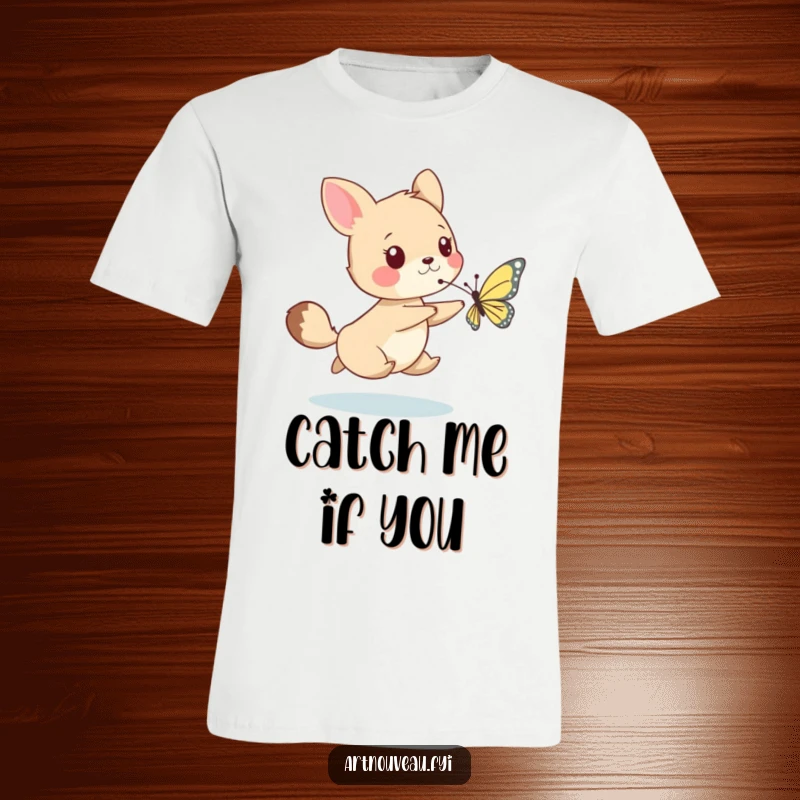 Funny t-shirt with a whimsical animal in playful pursuit of a delicately drawn butterfly, embodying joy and the thrill of the chase.