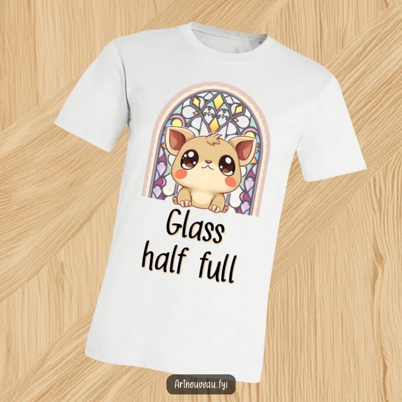 Funny T-Shirt: An illustration of a creature with enormous, emotive eyes gazing intently at a vibrant, detailed stained-glass window.