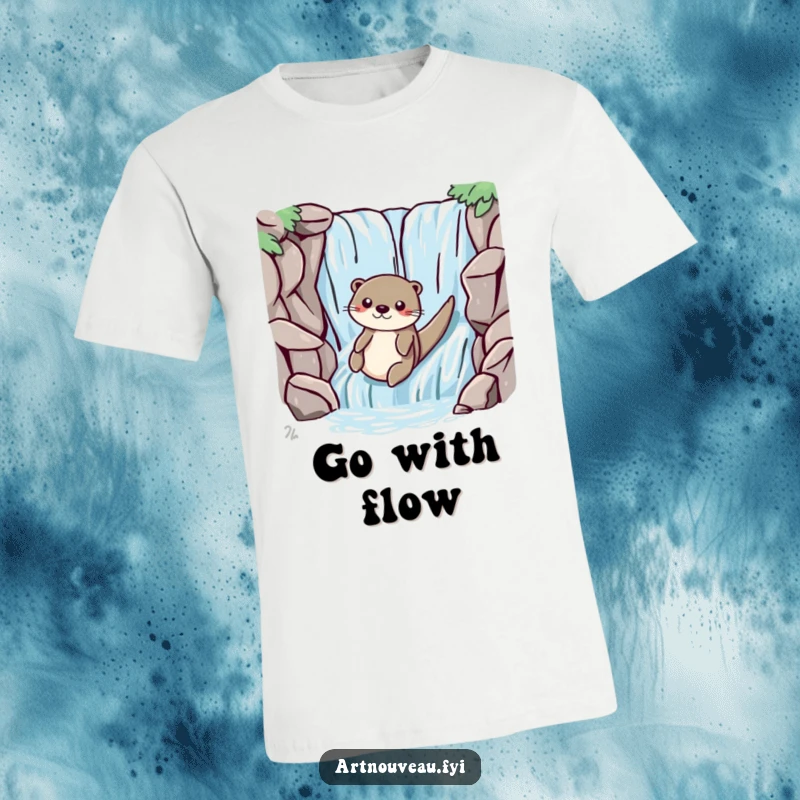 Funny otter with smooth lines playfully sliding down a stylized waterfall, printed on a comfortable and eye-catching t-shirt.
