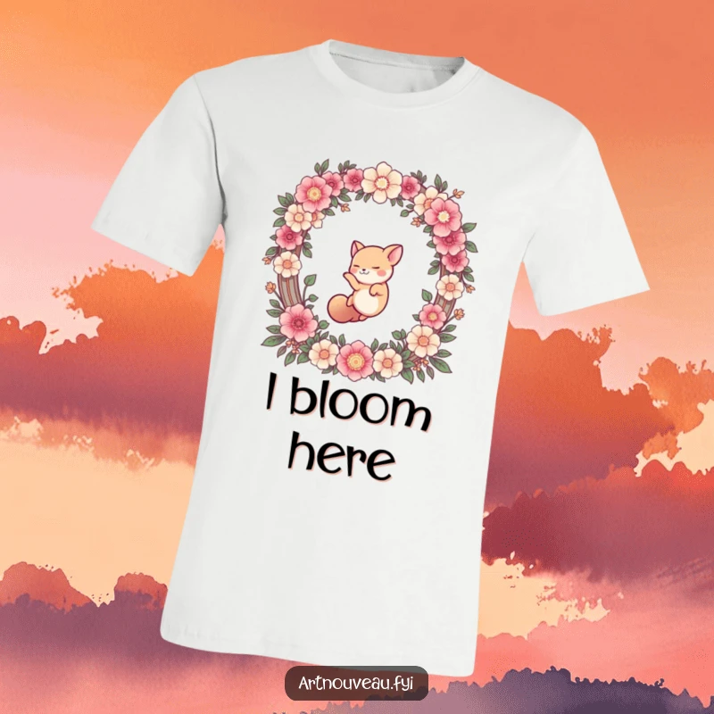 Funny t-shirt showcasing a cute animal mid-dive through a vibrant, ornate floral arch, expressing energetic fun and a touch of silliness.