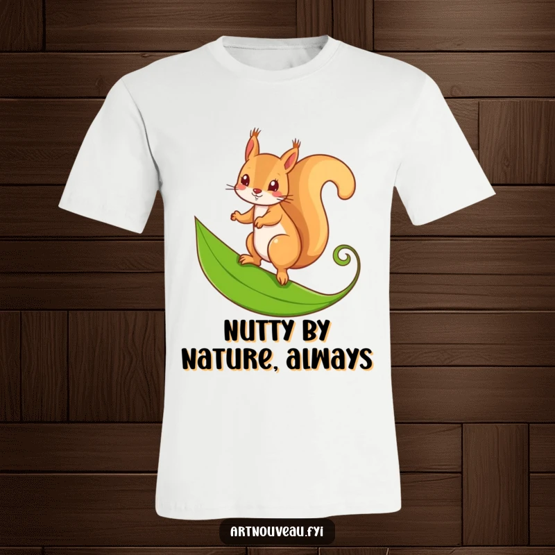 Funny t-shirt with a mischievous squirrel balancing on a stylized, curling leaf, showcasing agility and charm.