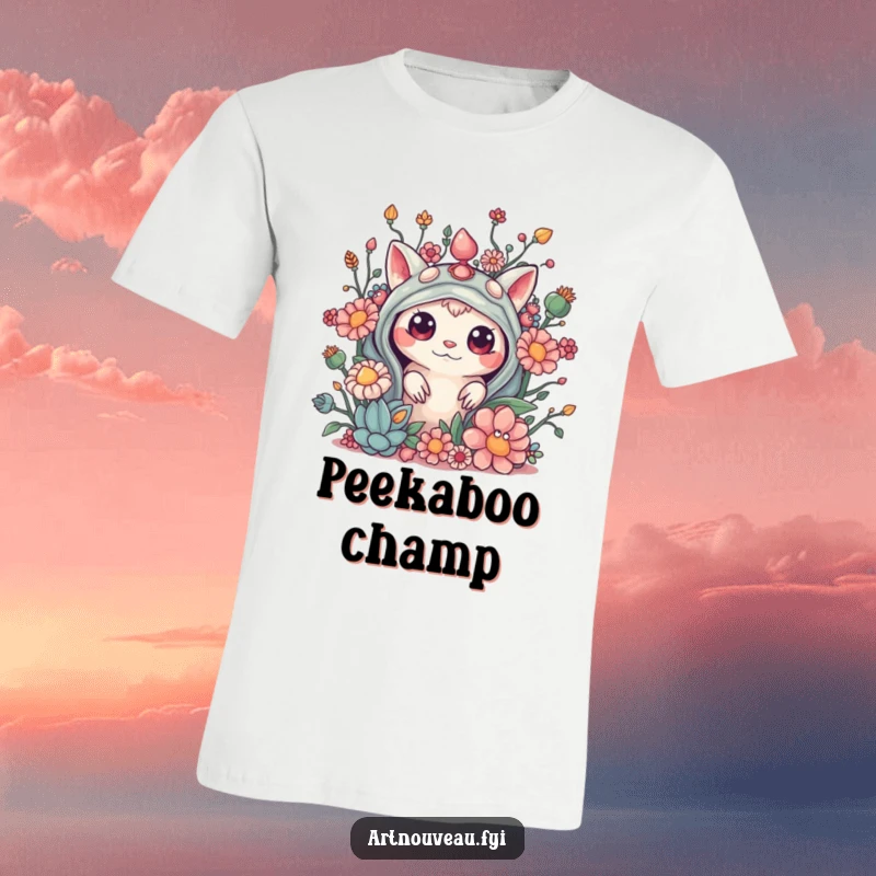 Funny t-shirt featuring a curious creature peeking from behind elaborate, organic embellishments, creating a sense of playful mystery.