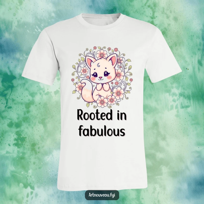 Funny T-Shirt: An artistic depiction of a cheerful fox interacting with an explosion of intricate, swirling floral motifs.