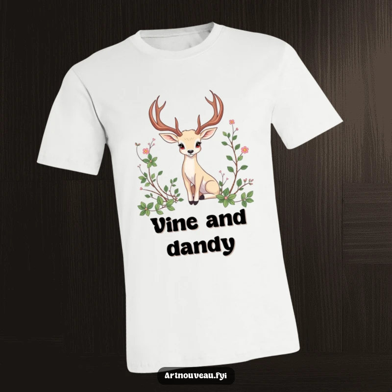 Funny T-Shirt: An artistic depiction of an animal with elegant, curved antlers gracefully positioned amidst entwined artistic vines.