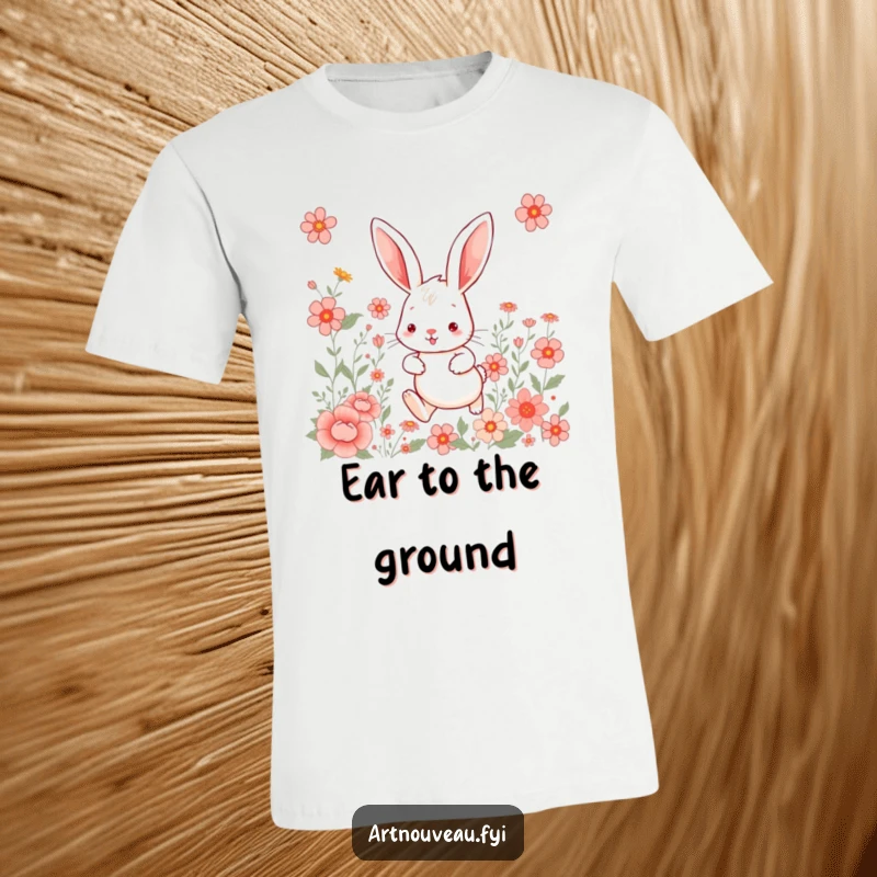 Whimsical rabbit t-shirt, featuring a hare with large ears hopping through artful floral patterns, a playful design.