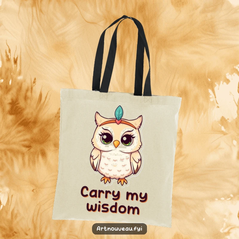 Funny owl tote bag, whimsical bird in feathered headband, enchantingly curious, stylish accessory, excellent funny gift for bookworms.