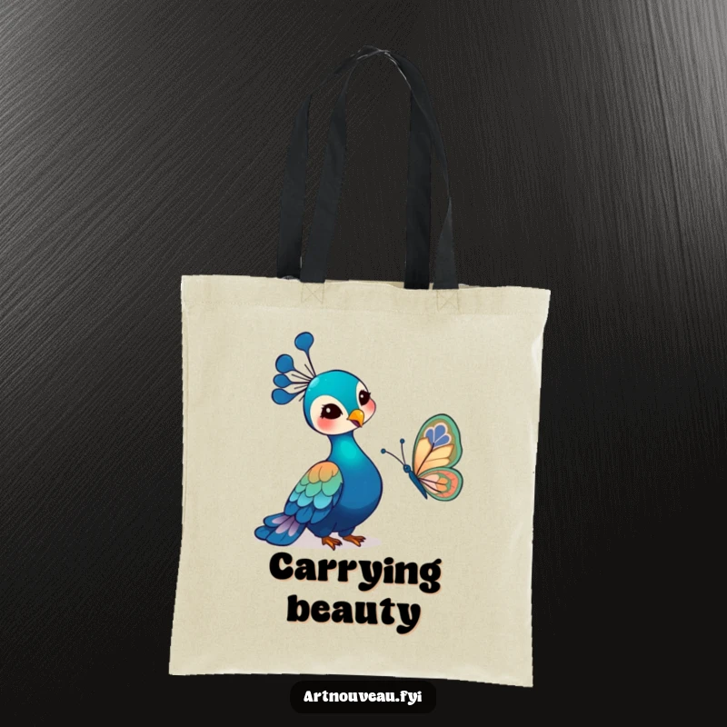Funny Art Nouveau Peacock Tote Bag featuring a gentle bird watching a butterfly with art nouveau wings, ideal for stylish and humorous everyday use.