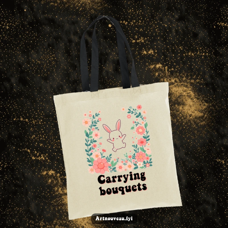 Funny Tote Bag: A small bunny character leaping joyfully through a cascade of stylized floral patterns, a cute and cheerful accessory.