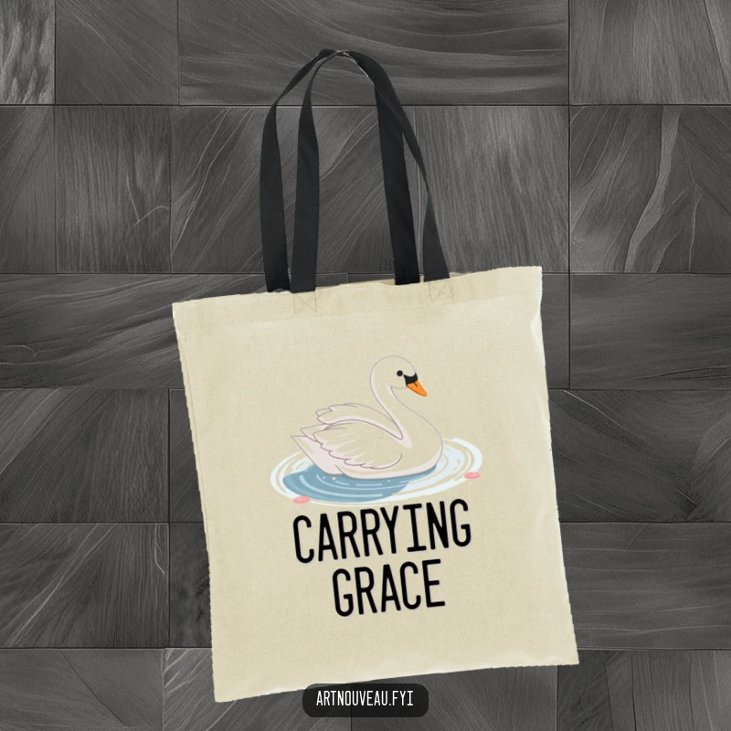 Funny cute swan with elegant curves gliding gracefully on a shimmering decorative pond, printed on a durable and fashionable tote bag.
