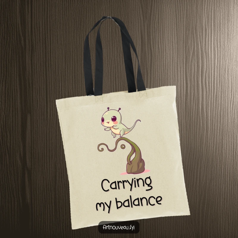 Funny tote bag illustrating a creature in a precarious balance on a winding plant stem, perfect for carrying items with a bold spirit.