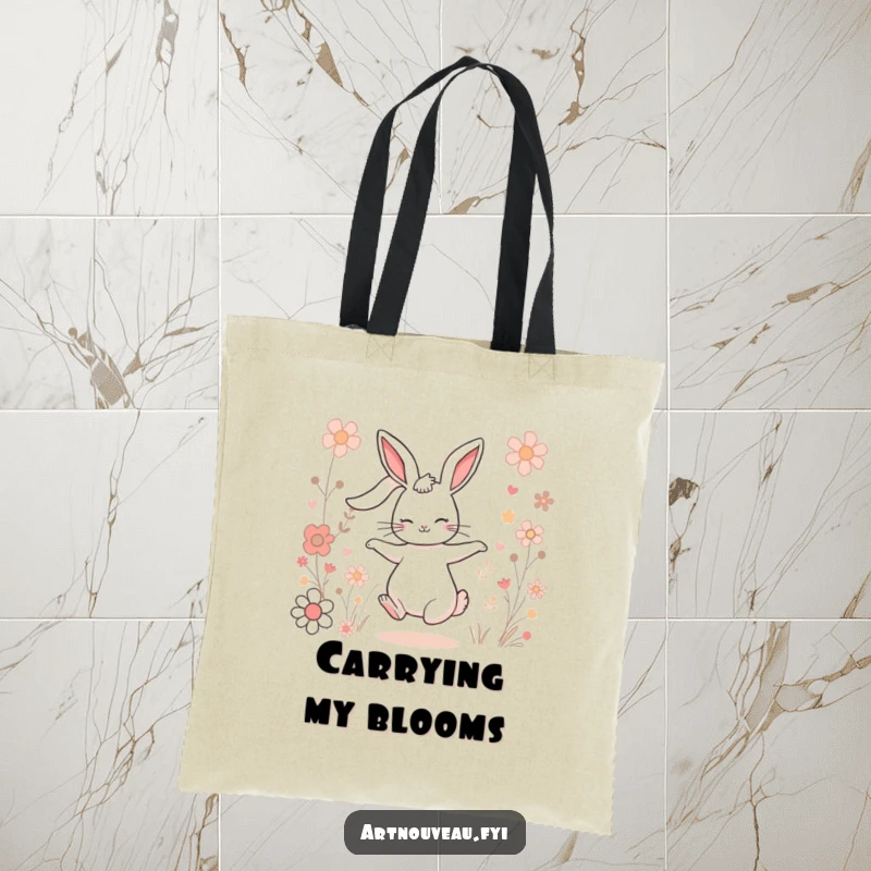 Funny Charming Rabbit Tote Bag: A charming rabbit with long ears dances amongst stylized flowers, perfect for carrying your items.
