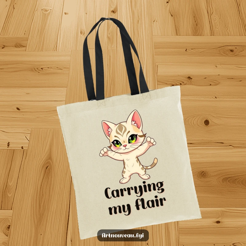 Funny Feline Tote Bag: Features an Art Nouveau inspired cat striking a dynamic pose, perfect for carrying items with artistic flair.