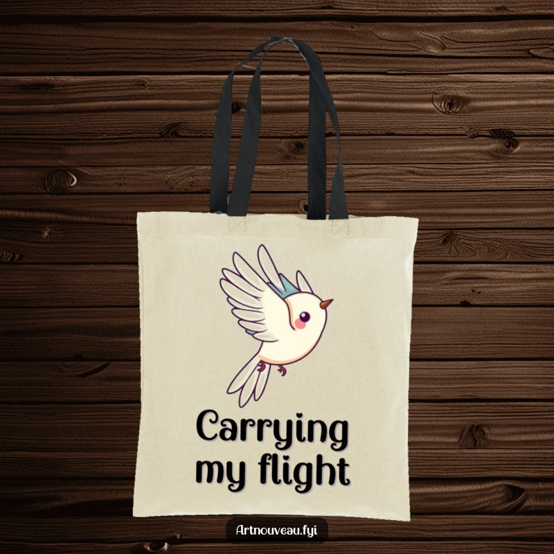 Funny tote bag designed with a stylized bird, its elongated tail feathers flowing, depicted in graceful flight, perfect for everyday elegance.